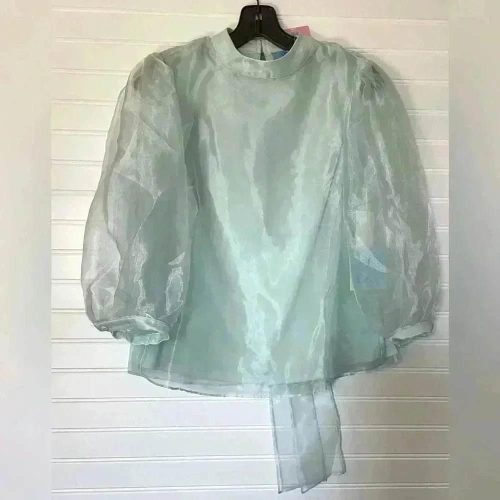 NWT CeCe Mint Green Sheer 3/4 Puff Sleeve Top Size XS